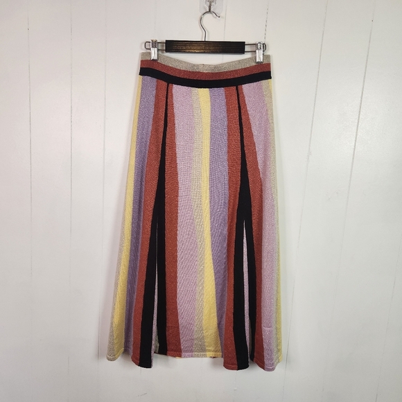 Anthropologie Laia Pink Purple Stripe Midi Knit Swing Skirt Size Small Mod Artsy - Picture 6 of 12